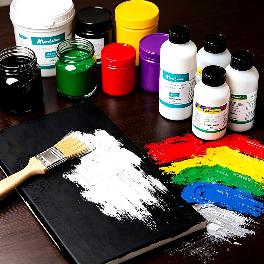 Montelise acrylic paint bottles, color jars, and one-coat brush stroke on a black canvas.