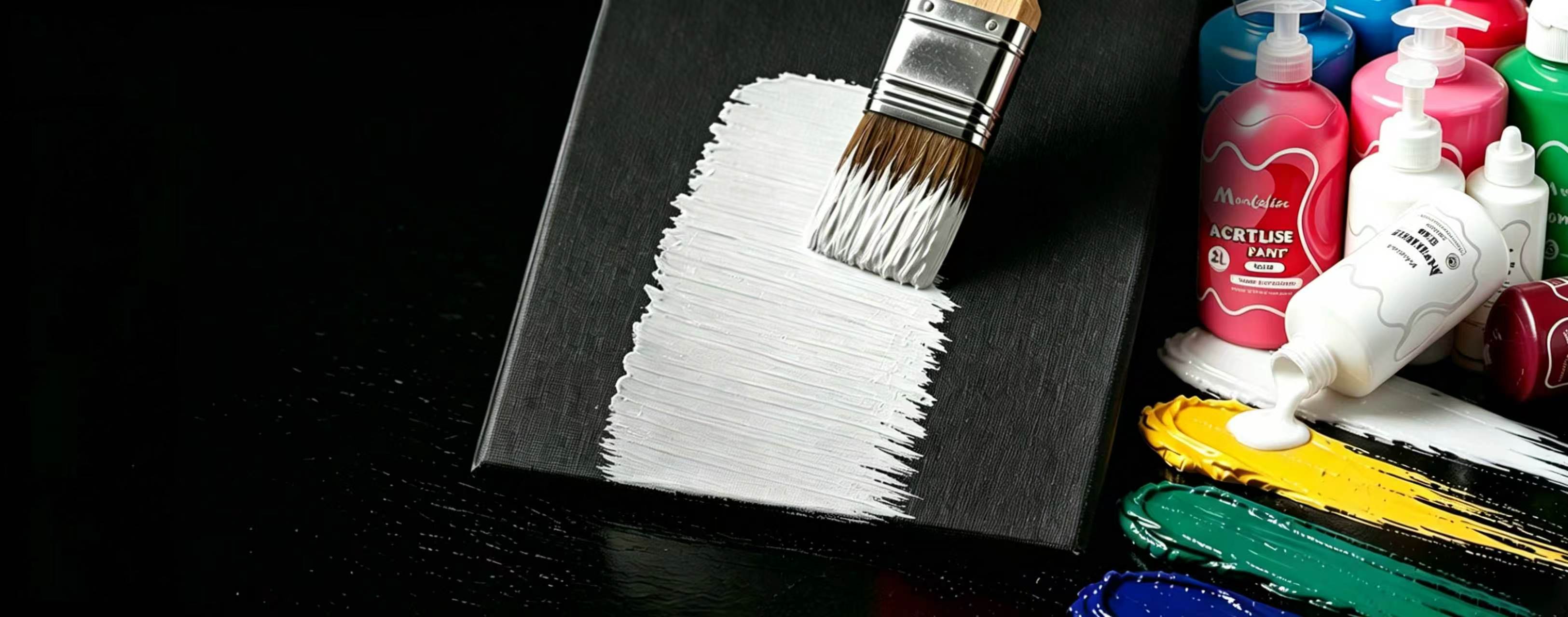 Acrylic paint bottles, colorful brush strokes, and a one-coat white coverage test.