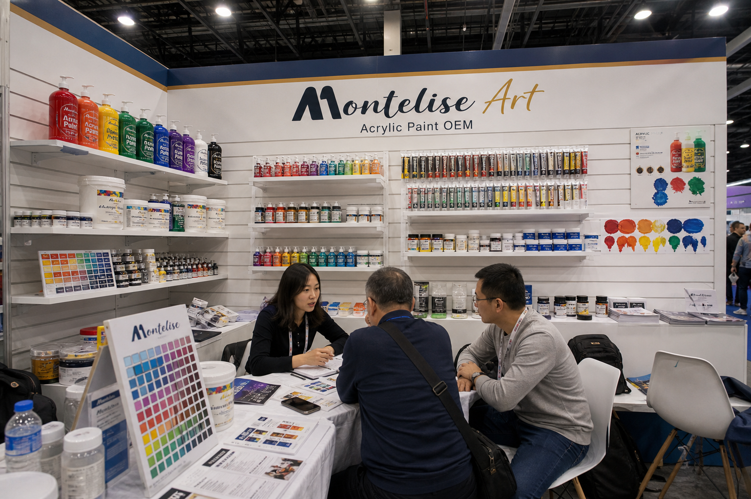 Montelise Art acrylic paint color samples, product catalog, and booth display.