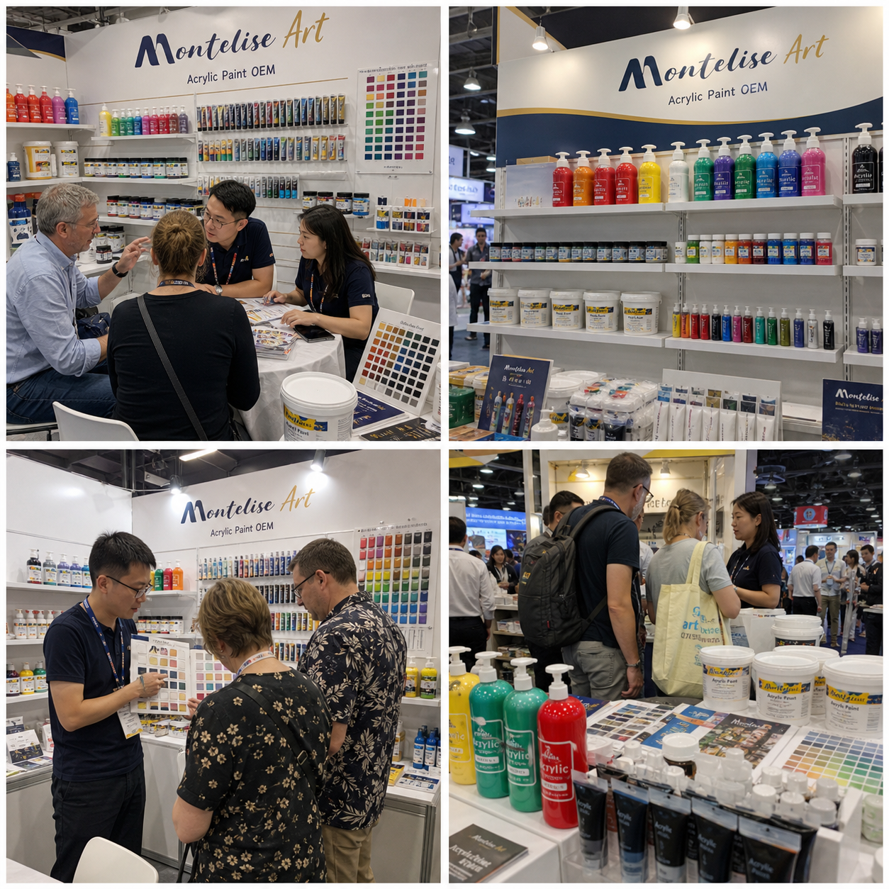 Montelise Art trade show booth with overseas buyers, acrylic paint samples, color cards, and product displays.