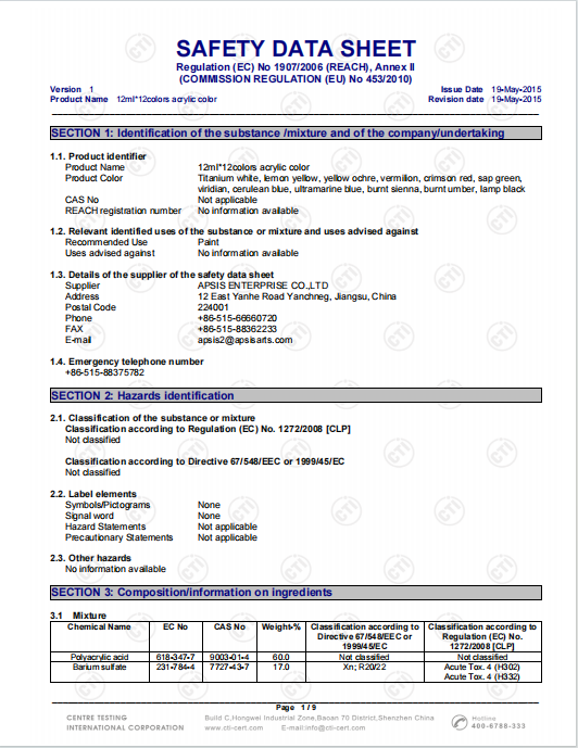 MSDS acrylic paint safety data sheet preview