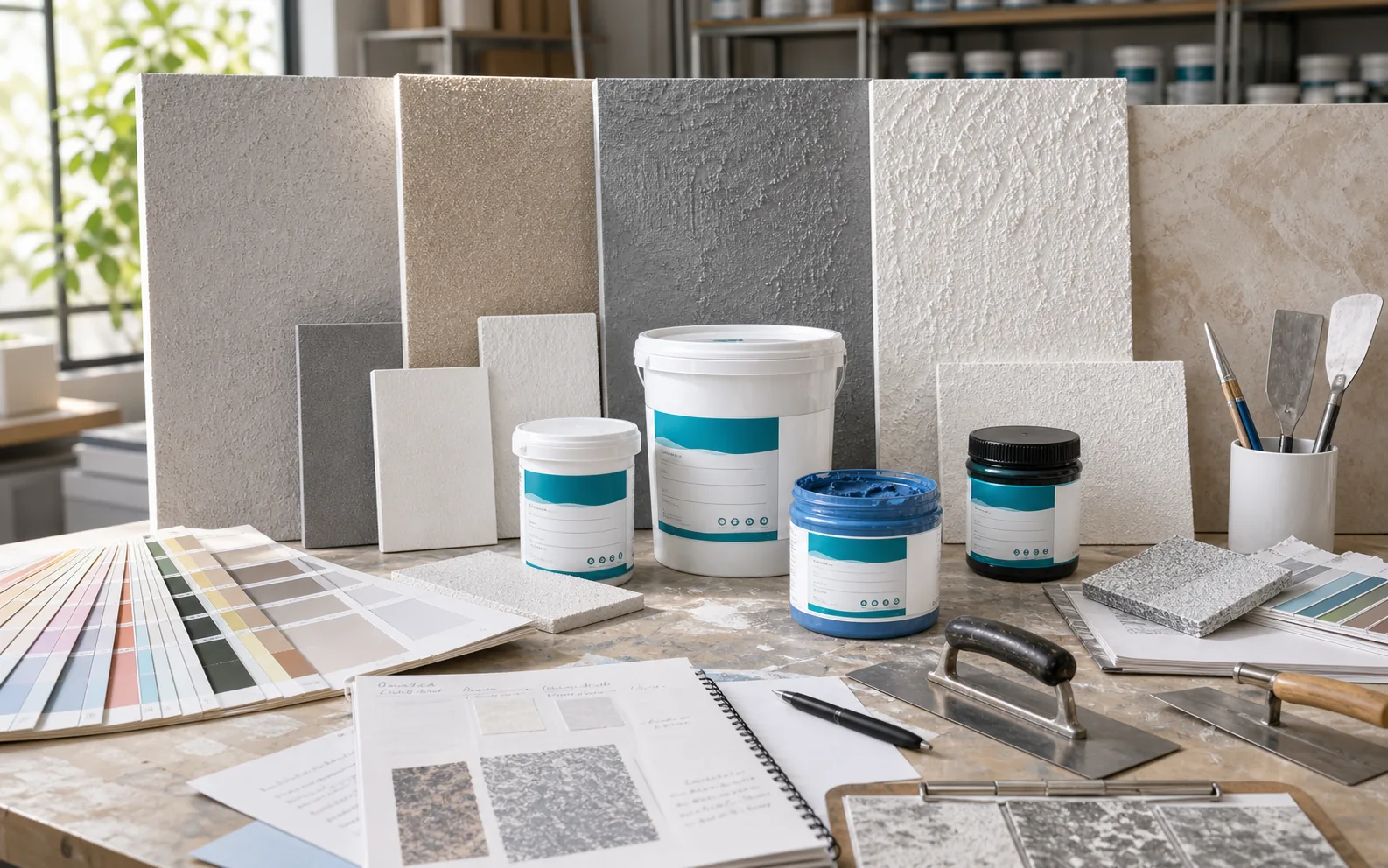 Review sample boards, texture level, gloss, and project volume. sample evaluation scene