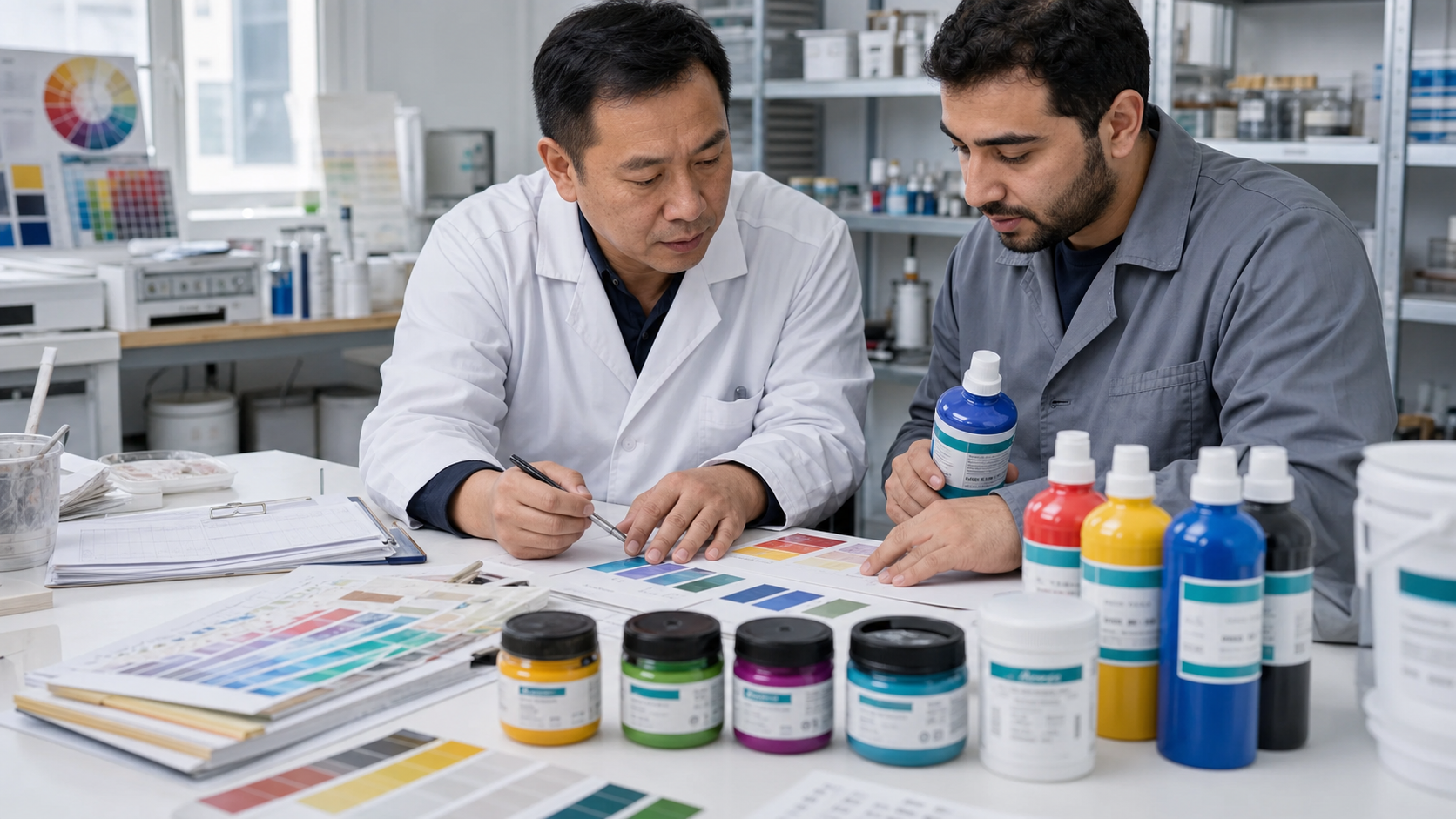 acrylic paint batch consistency review with retained samples bottles and drawdown cards