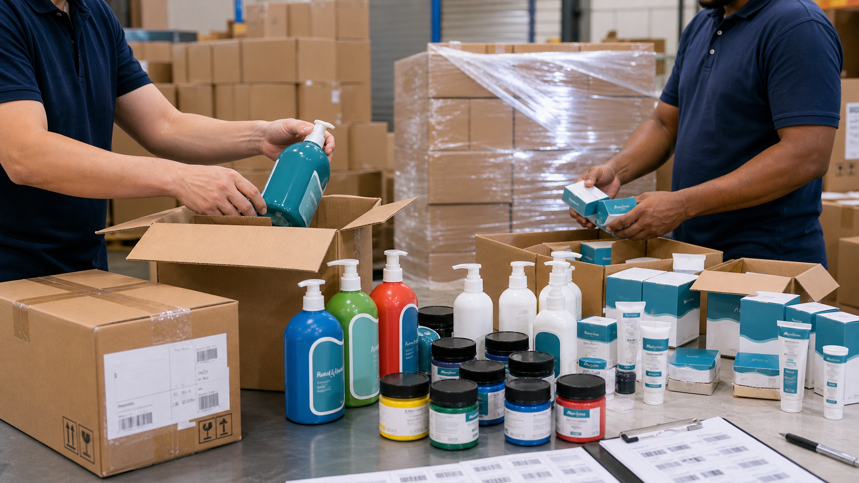 acrylic paint pallet configuration review with cartons bottles and warehouse packing station