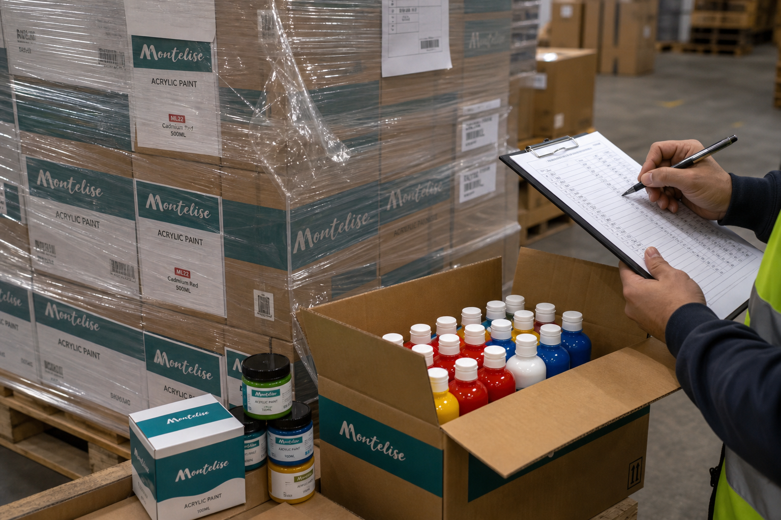 acrylic paint cartons and wrapped pallet checked before export loading