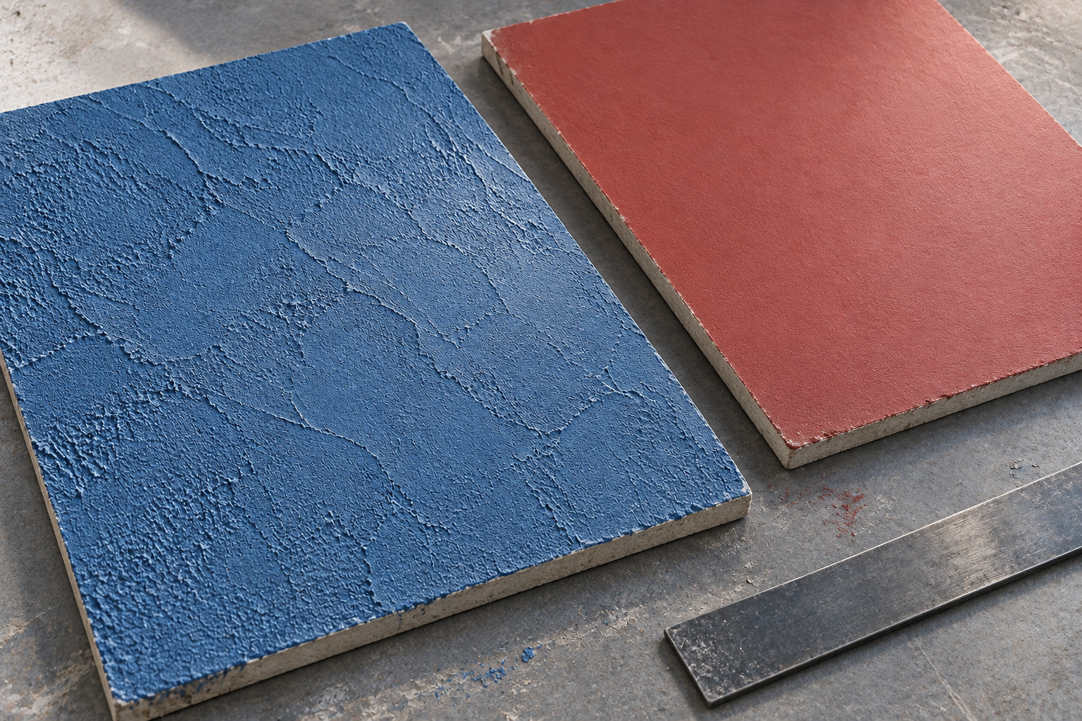 AI illustration of separate blue textured and red smoother coating sample boards under side light