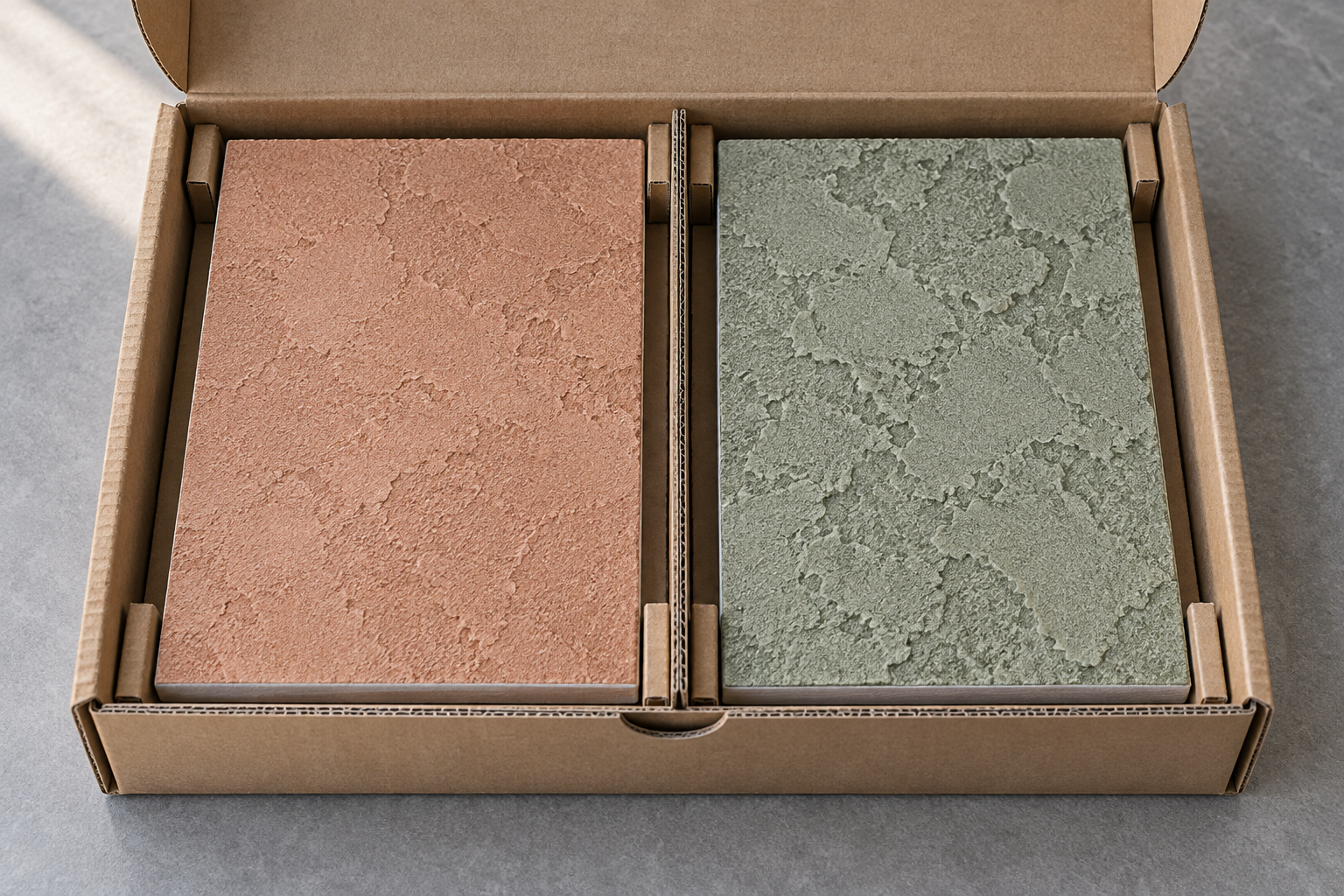 AI illustration of two coloured decorative plaster sample panels in separate cardboard compartments