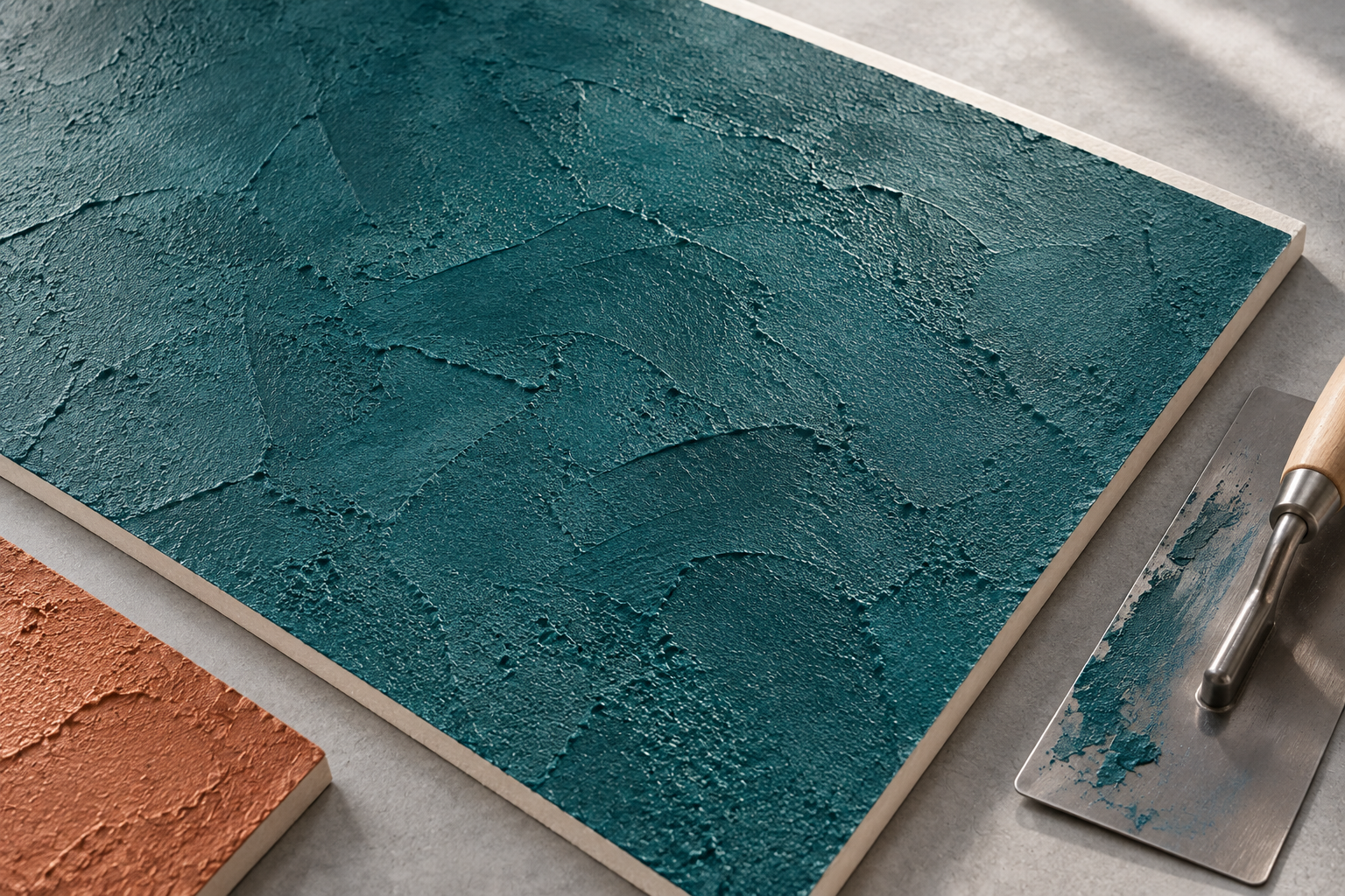 Teal and terracotta decorative coating sample surfaces with a finishing trowel