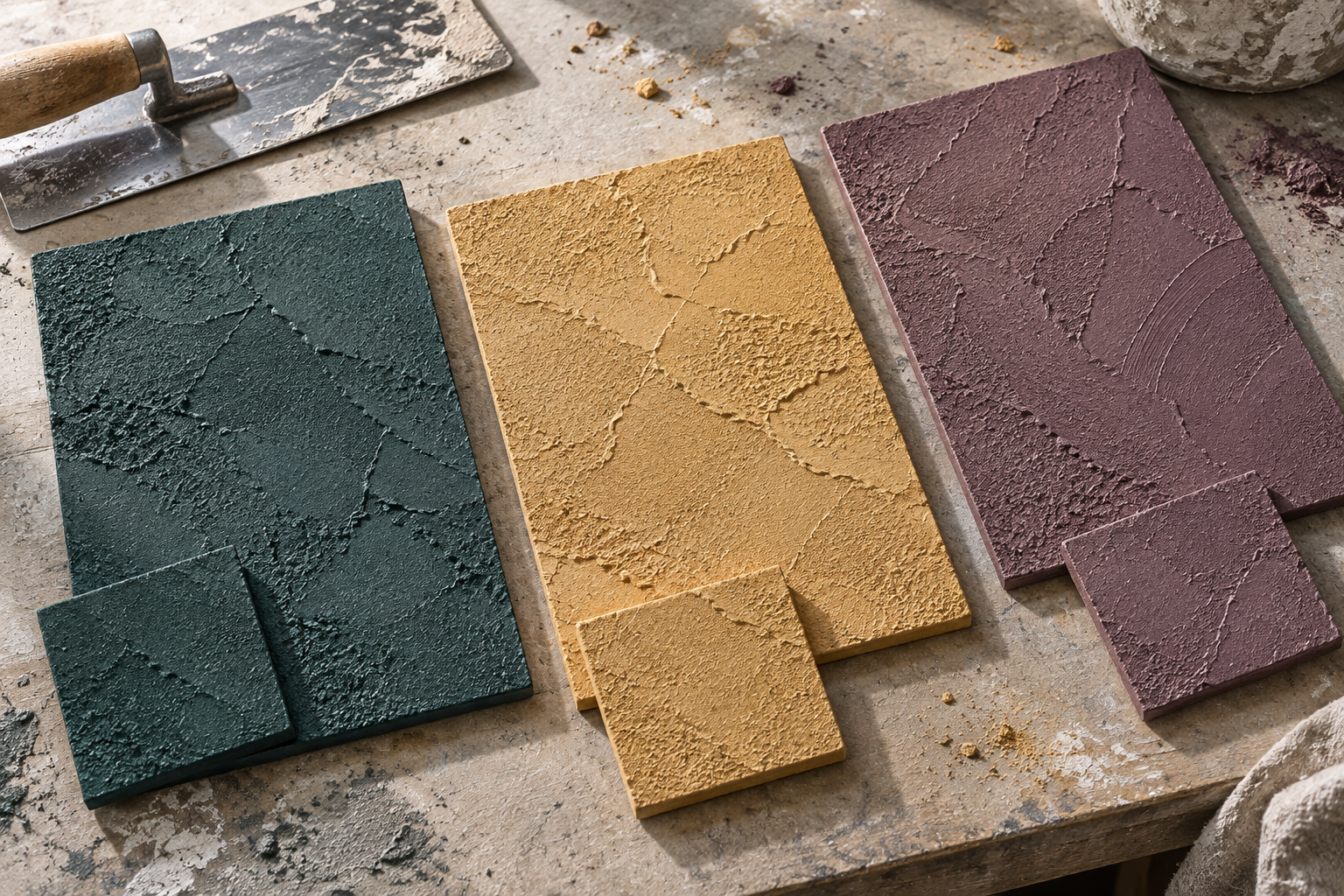 AI illustration of teal, ochre and plum wall-finish boards with smaller matching reference pieces