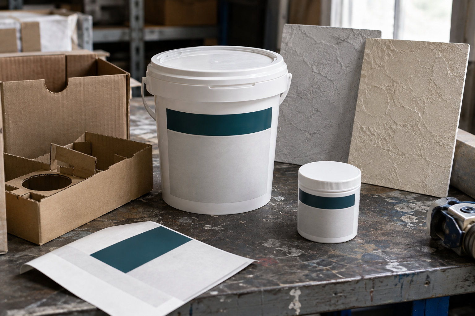 Illustrative wall coating pail and sample tub with blank teal labels beside a shipping carton and finish panels