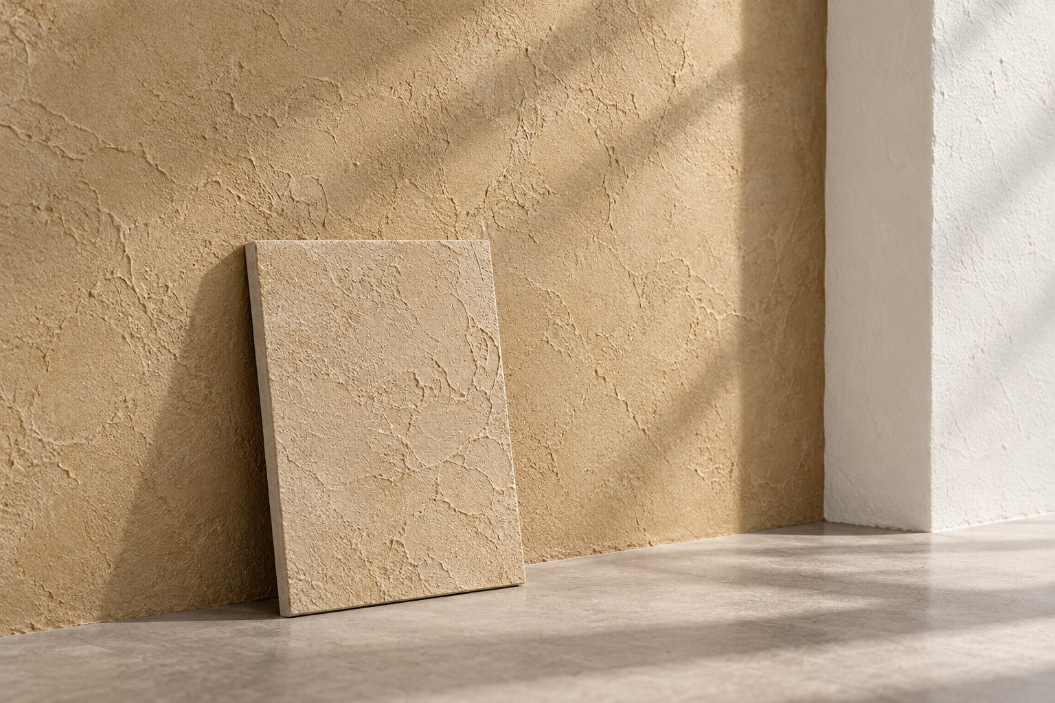 AI illustration of an ochre textured sample panel beside a larger wall and corner under natural light