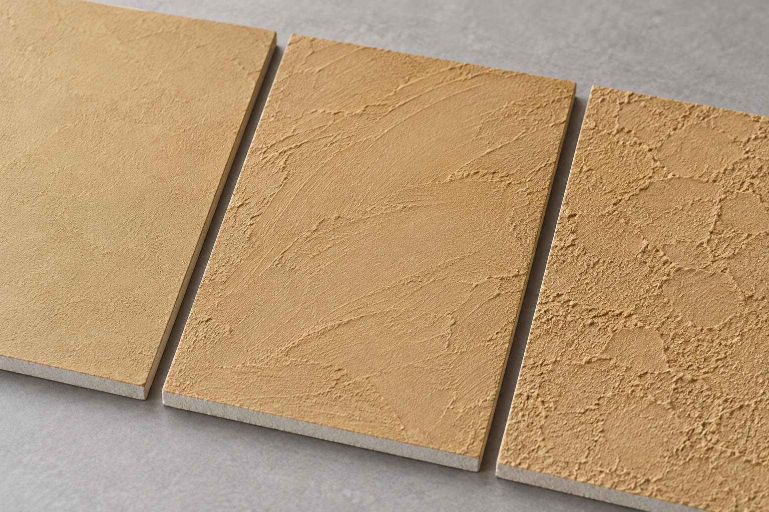 Three ochre decorative coating surfaces with different illustrative trowelled textures