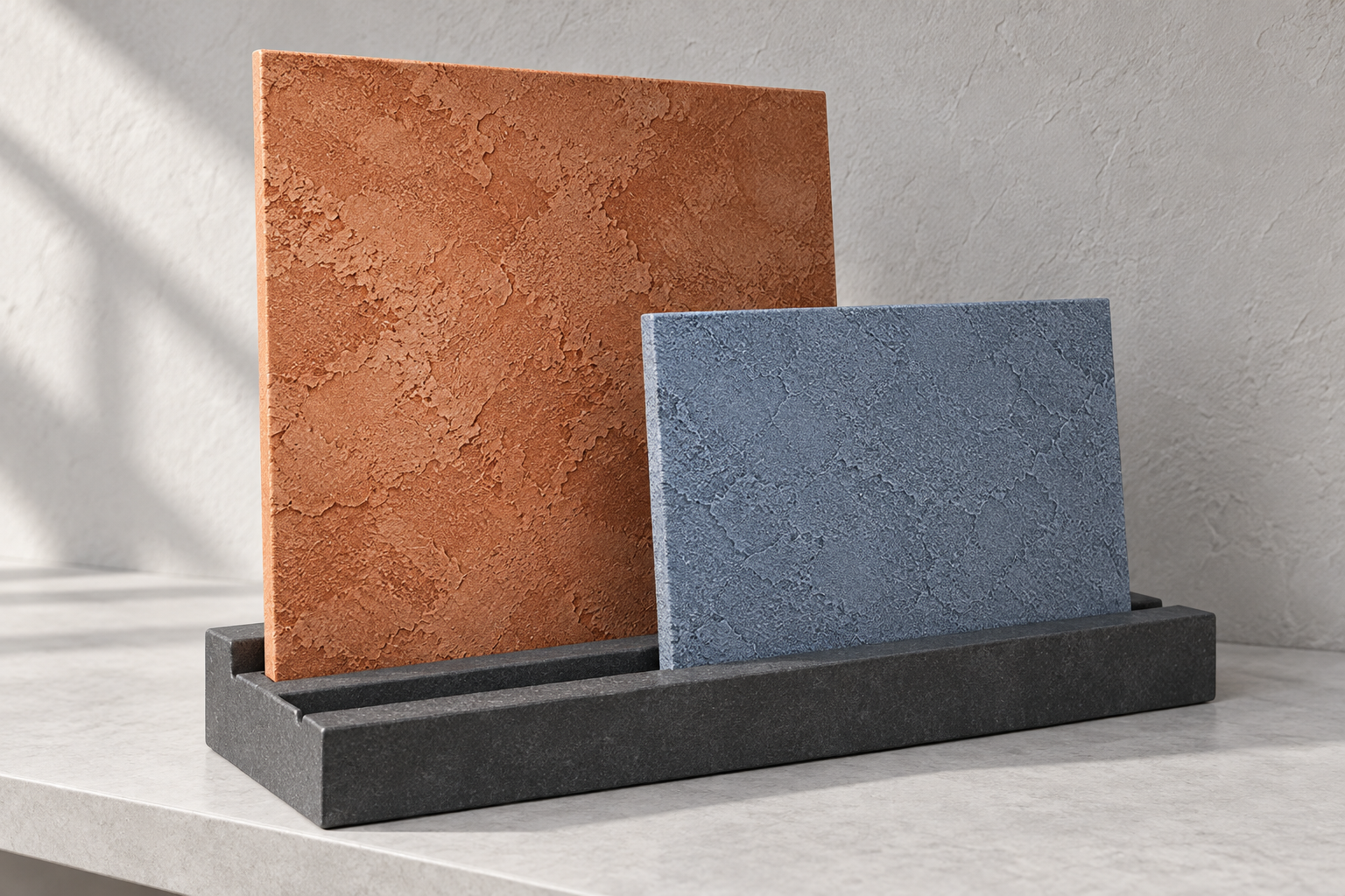 AI illustration of two rust and slate-blue finish sample boards supported separately in a slotted holder