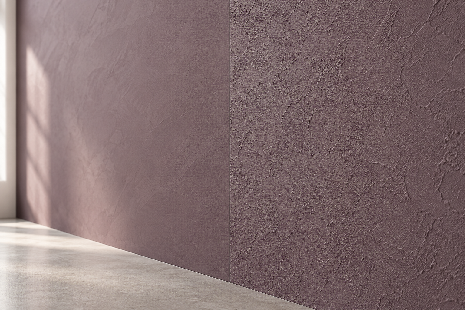 AI illustration of adjacent smooth and textured aubergine wall finishes under natural side light
